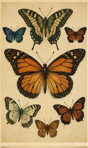 Tegeltableau met vlinders op antiek papier: verschillende vlinders met getekende vleugels zijn gerangschikt als een oude natuurplaat.