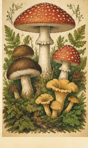 Tegeltableau met paddenstoelenstudie: rood-witte en bruine paddenstoelen groeien tussen bladeren als een bosstudie.