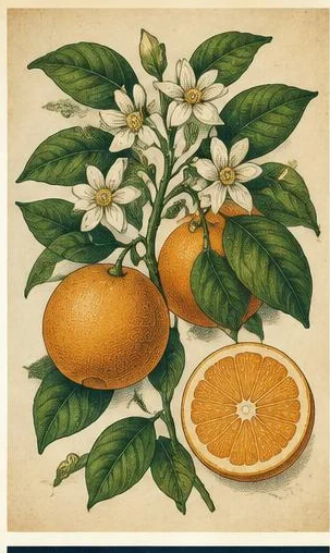 Tegeltableau met citrus uit het archief: sinaasappels, bladeren en bloesem verschijnen als een oude botanische kleurenprent.