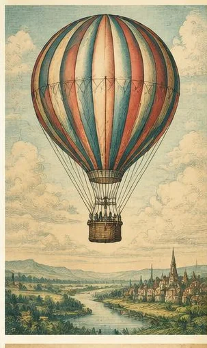 Tegeltableau met luchtballon boven de stad: een gestreepte luchtballon zweeft boven een rivier en oude stad onder een lichte lucht.