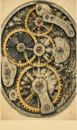 Tegeltableau met binnenwerk van een klok: tandwielen en mechanische onderdelen zijn uitgewerkt als een nauwkeurige gravure.