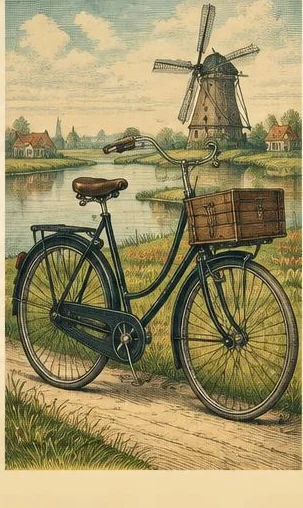 Tegeltableau met fiets aan de molen: een oude stadsfiets staat bij een Hollandse molen, geschilderd als een prent.