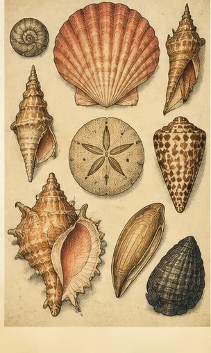 Tegeltableau met schelpenverzameling: schelpen in verschillende vormen liggen naast elkaar op een lichte natuurplaat.