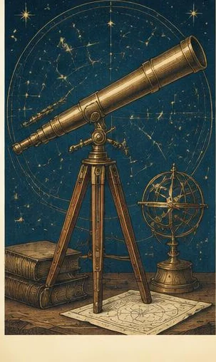 Tegeltableau met sterrenkijker: een messing telescoop en hemelglobe staan tegen een donkere sterrenhemel.